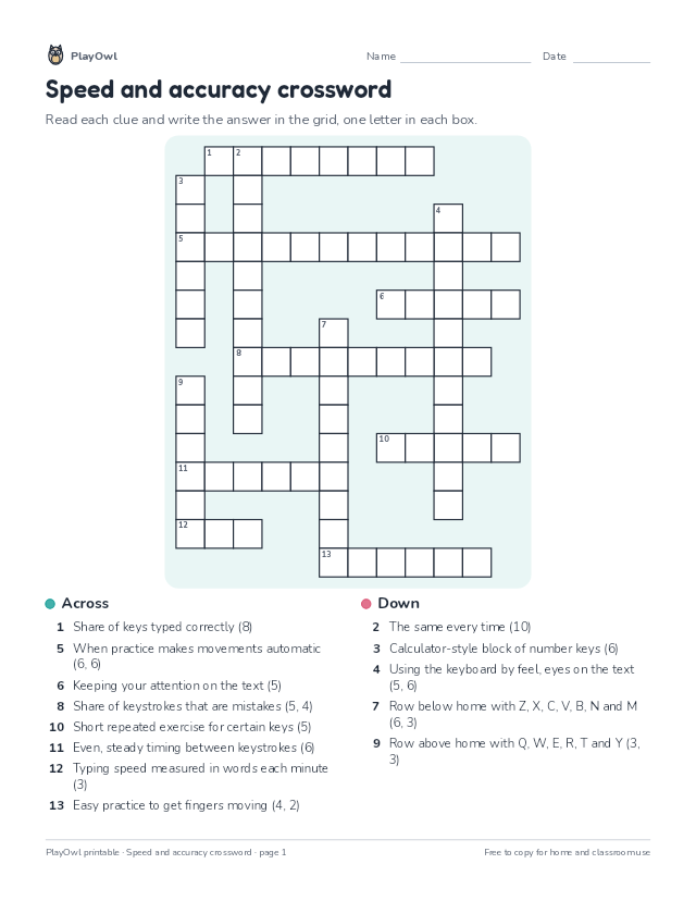 Speed and accuracy crossword: crossword puzzle for Grade 8, page 1 preview