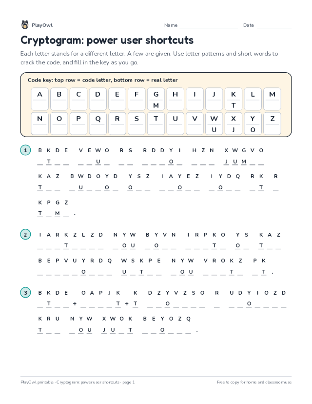 Cryptogram: power user shortcuts: secret code puzzle for Grade 8, page 1 preview