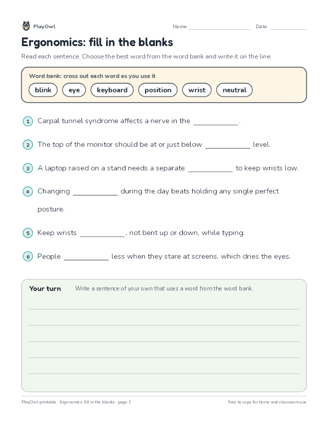 Ergonomics: fill in the blanks: fill-in-the-blank worksheet for Grade 8, page 1 preview