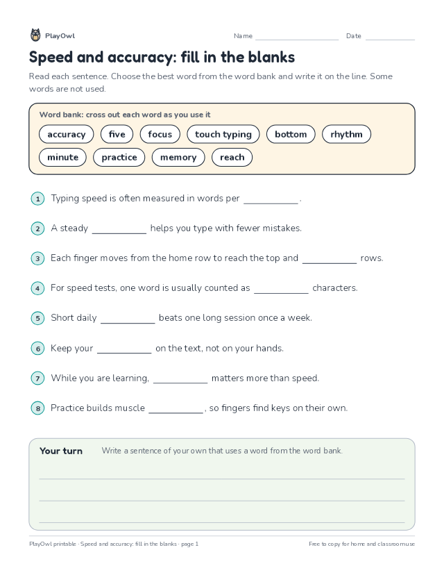 Speed and accuracy: fill in the blanks: fill-in-the-blank worksheet for Grade 8, page 1 preview