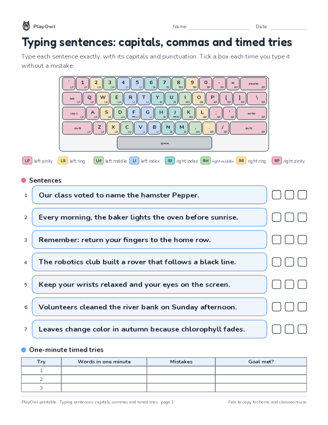 Typing sentences: capitals, commas and timed tries: typing worksheet for Grade 8, page 1 preview
