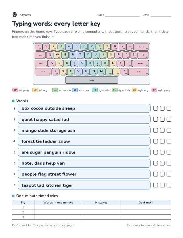 Typing words: every letter key: typing worksheet for Grade 8, page 1 preview