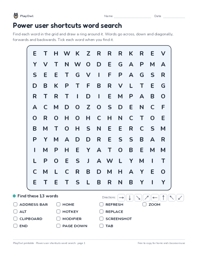 Power user shortcuts word search: word search for Grade 8, page 1 preview