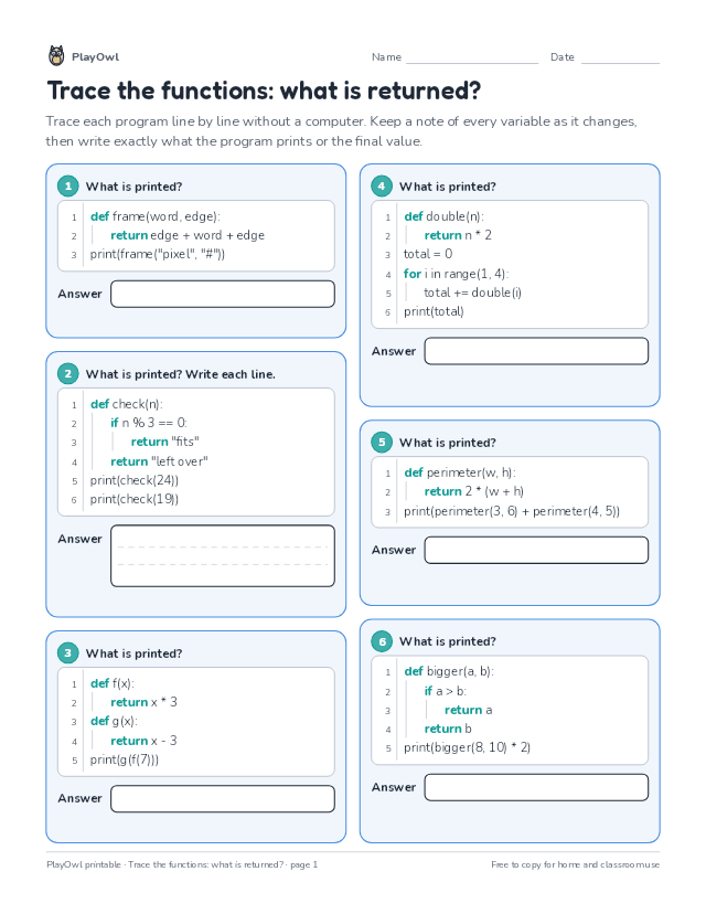 Trace the functions: what is returned?: coding worksheet for Grade 9, page 1 preview