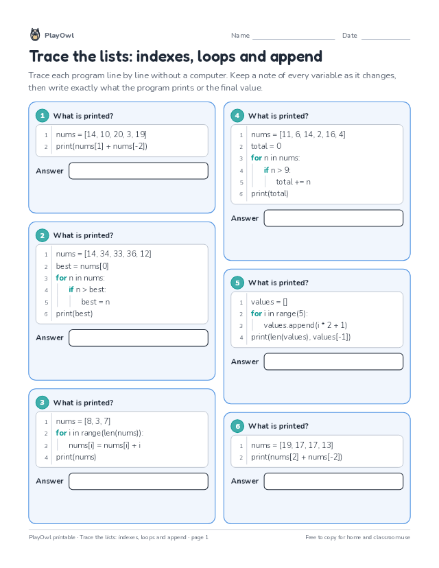 Trace the lists: indexes, loops and append: coding worksheet for Grades 9–11, page 1 preview