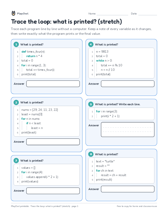 Trace the loop: what is printed? (stretch): coding worksheet for Grades 9–10, page 1 preview