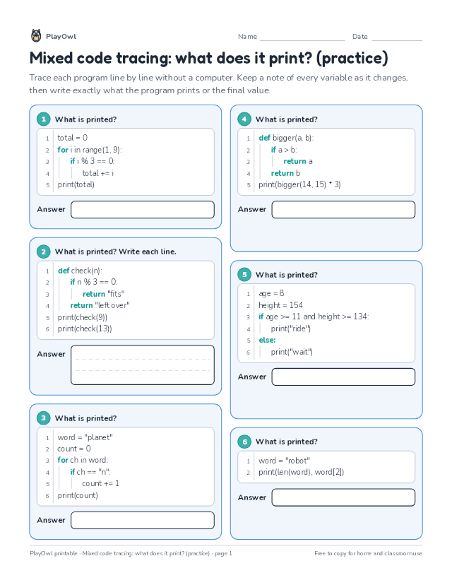 Mixed code tracing: what does it print? (practice): coding worksheet for Grades 9–12, page 1 preview