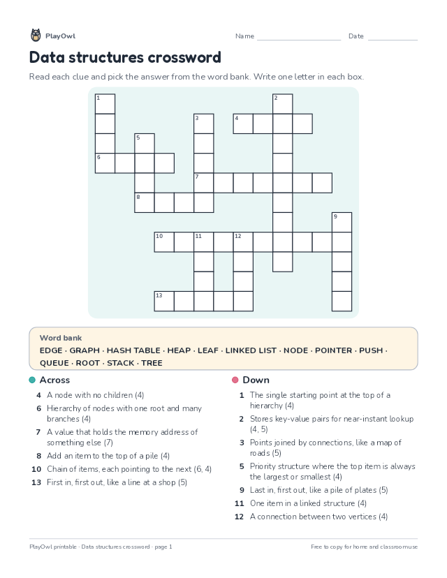 Data structures crossword: crossword puzzle for Grade 9, page 1 preview