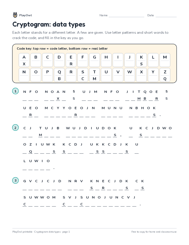 Cryptogram: data types: secret code puzzle for Grade 9, page 1 preview