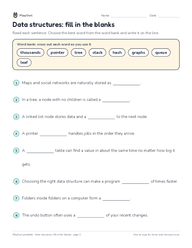 Data structures: fill in the blanks: fill-in-the-blank worksheet for Grade 9, page 1 preview