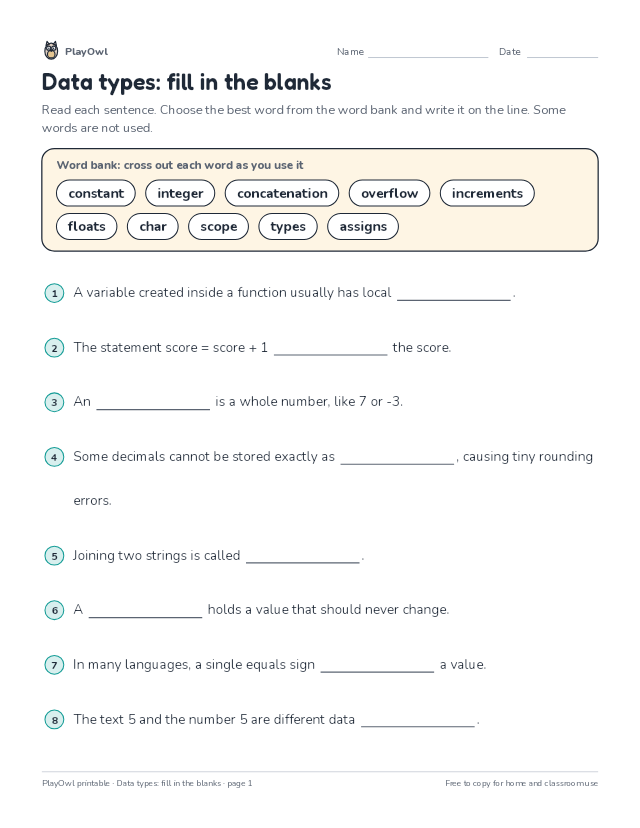 Data types: fill in the blanks: fill-in-the-blank worksheet for Grade 9, page 1 preview