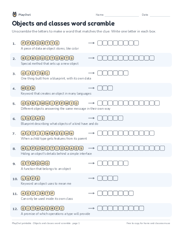 Objects and classes word scramble: word scramble for Grade 9, page 1 preview