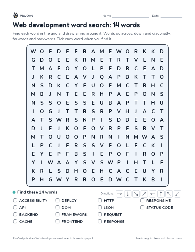 Web development word search: 14 words: word search for Grade 9, page 1 preview