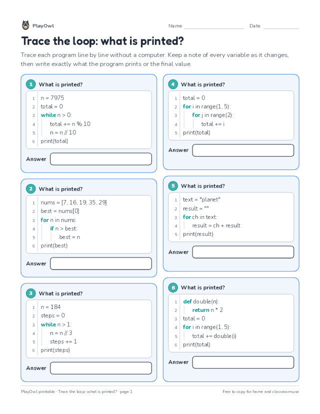 Trace the loop: what is printed?: coding worksheet for Grades 9–10, page 1 preview