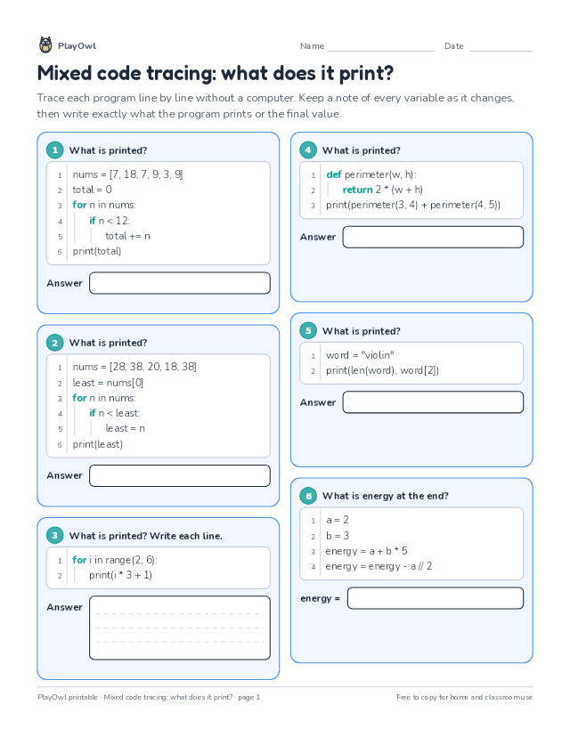 Mixed code tracing: what does it print?: coding worksheet for Grades 9–12, page 1 preview