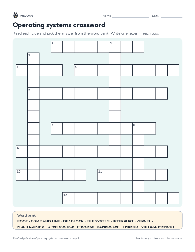 Operating systems crossword: crossword puzzle for Grade 9, page 1 preview