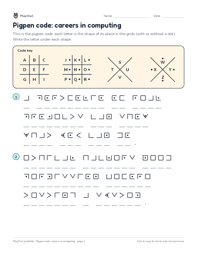 Pigpen code: careers in computing: secret code puzzle for Grade 9, page 1 preview