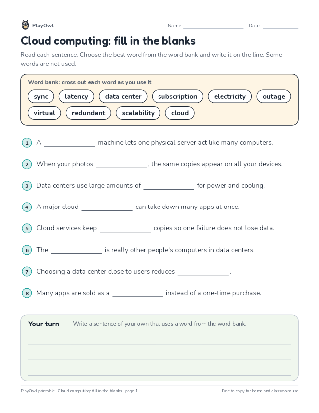 Cloud computing: fill in the blanks: fill-in-the-blank worksheet for Grade 9, page 1 preview