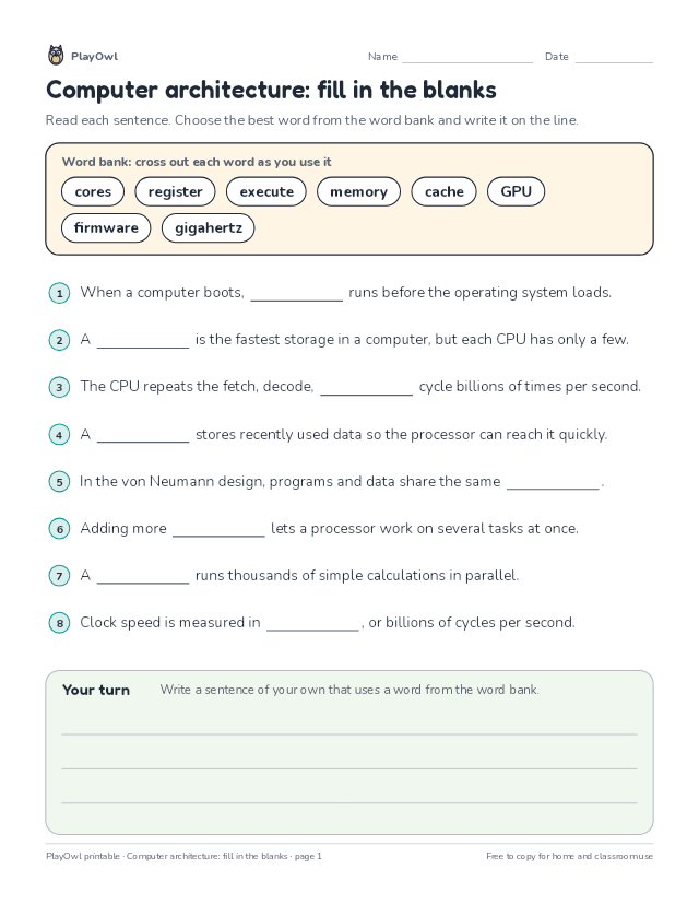 Computer architecture: fill in the blanks: fill-in-the-blank worksheet for Grade 9, page 1 preview