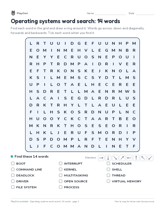 Operating systems word search: 14 words: word search for Grade 9, page 1 preview