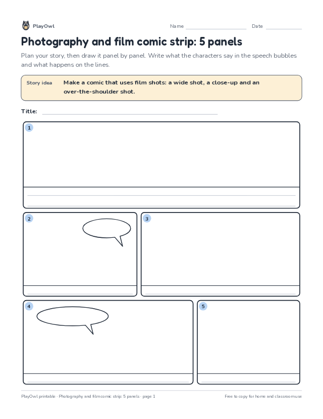Photography and film comic strip: 5 panels: comic strip worksheet for Grade 9, page 1 preview