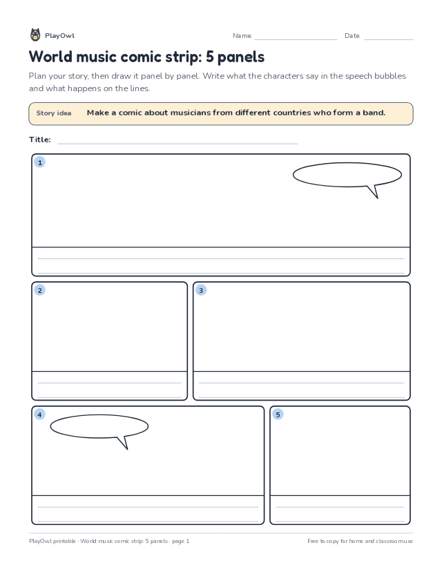 World music comic strip: 5 panels: comic strip worksheet for Grade 9, page 1 preview