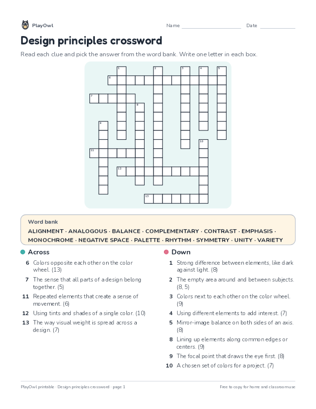Design principles crossword: crossword puzzle for Grade 9, page 1 preview