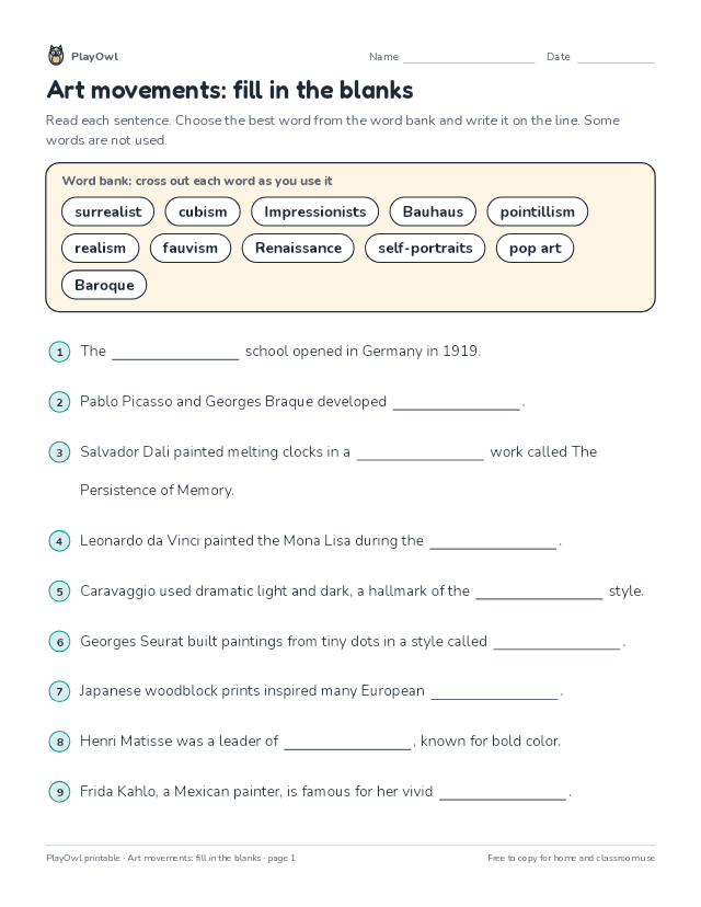 Art movements: fill in the blanks: fill-in-the-blank worksheet for Grade 9, page 1 preview