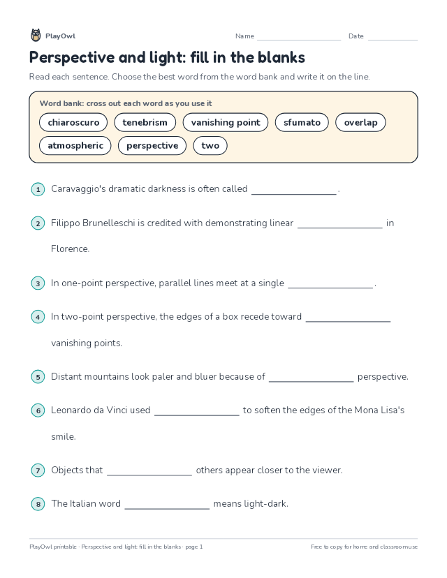 Perspective and light: fill in the blanks: fill-in-the-blank worksheet for Grade 9, page 1 preview