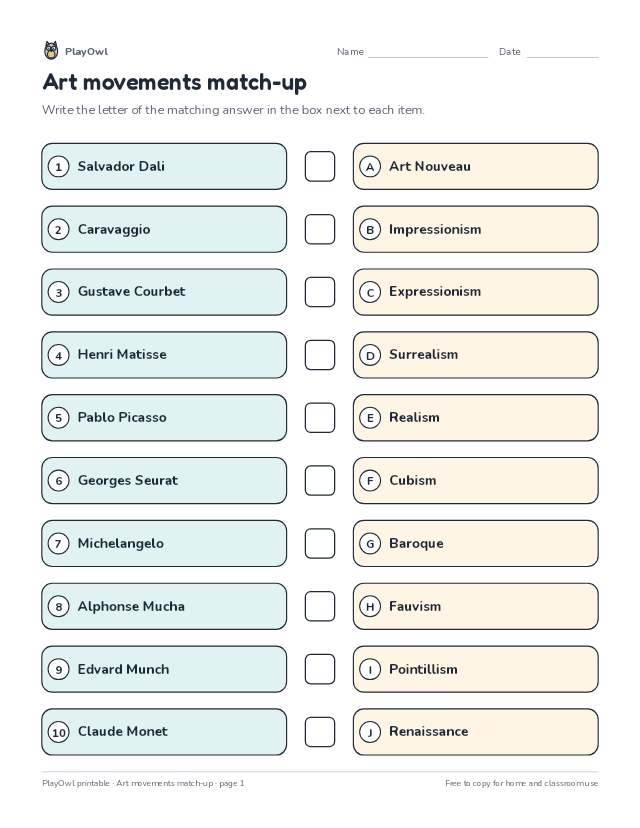 Art movements match-up: matching worksheet for Grade 9, page 1 preview