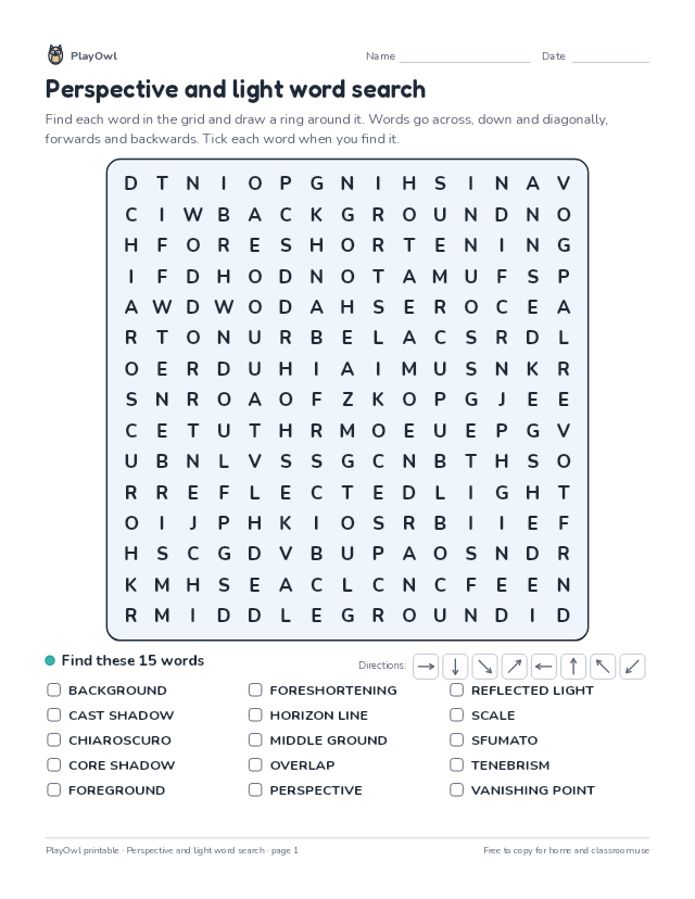 Perspective and light word search: word search for Grade 9, page 1 preview