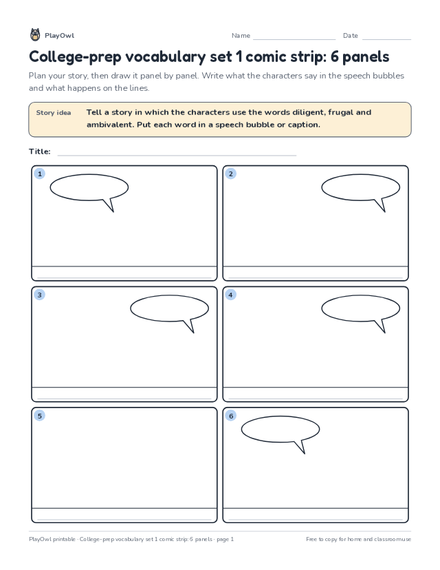 College-prep vocabulary set 1 comic strip: 6 panels: comic strip worksheet for Grade 9, page 1 preview