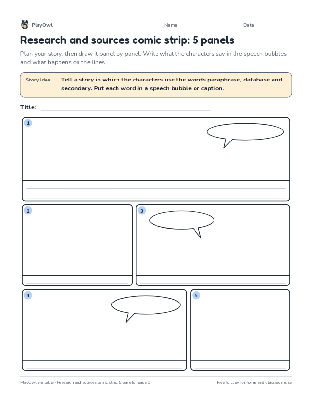 Research and sources comic strip: 5 panels: comic strip worksheet for Grade 9, page 1 preview