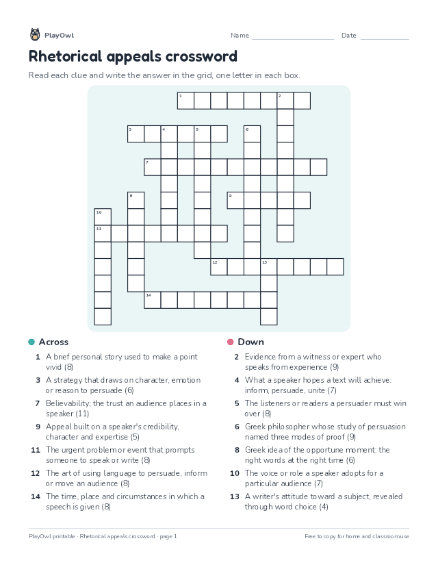 Rhetorical appeals crossword: crossword puzzle for Grade 9, page 1 preview