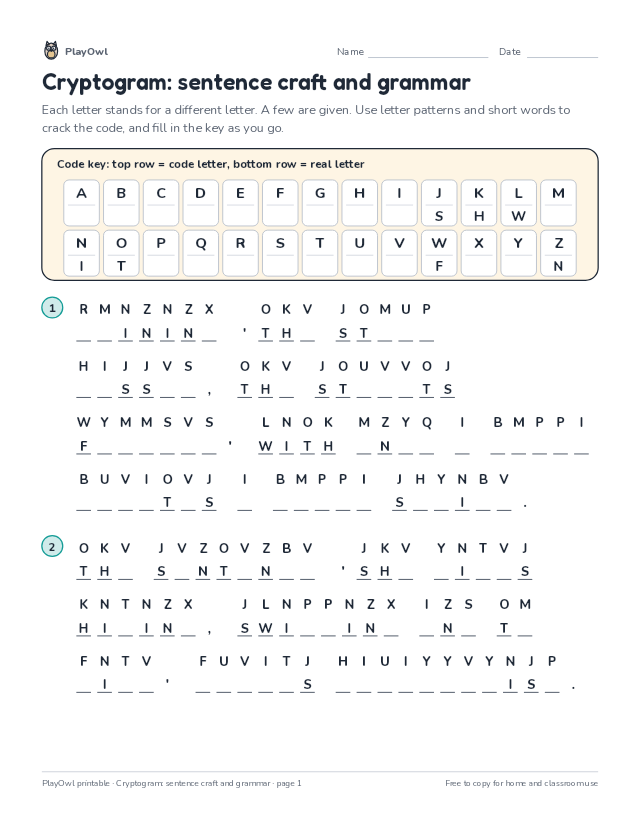 Cryptogram: sentence craft and grammar: secret code puzzle for Grade 9, page 1 preview