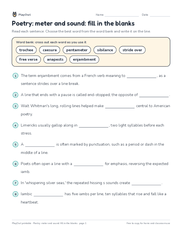 Poetry: meter and sound: fill in the blanks: fill-in-the-blank worksheet for Grade 9, page 1 preview