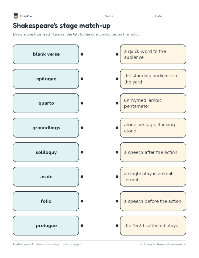 Shakespeare's stage match-up: matching worksheet for Grade 9, page 1 preview