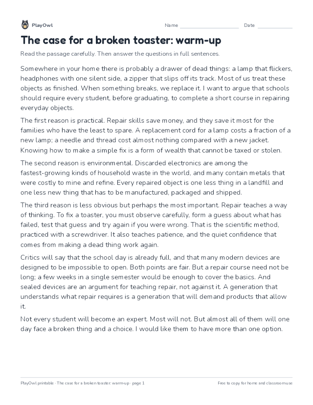 The case for a broken toaster: warm-up: reading passage for Grade 9, page 1 preview
