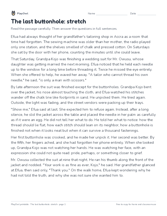 The last buttonhole: stretch: reading passage for Grade 9, page 1 preview