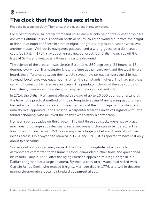 The clock that found the sea: stretch: reading passage for Grade 9, page 1 preview