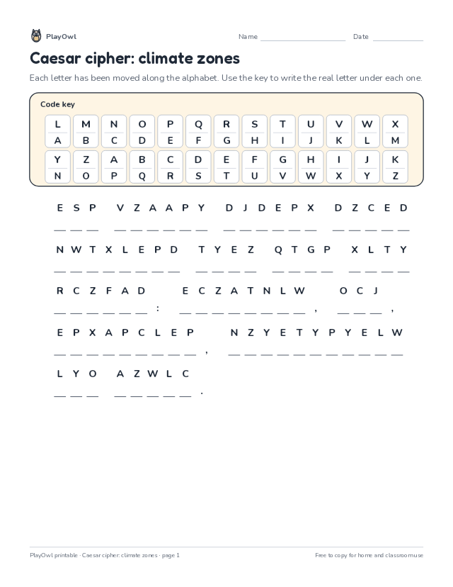 Caesar cipher: climate zones: secret code puzzle for Grade 9, page 1 preview