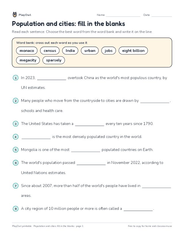 Population and cities: fill in the blanks: fill-in-the-blank worksheet for Grade 9, page 1 preview