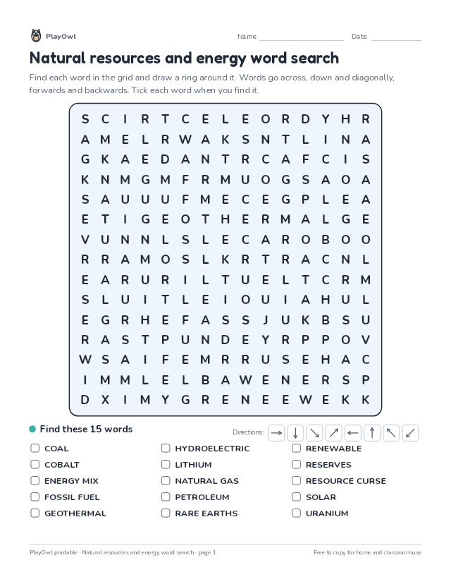 Natural resources and energy word search: word search for Grade 9, page 1 preview