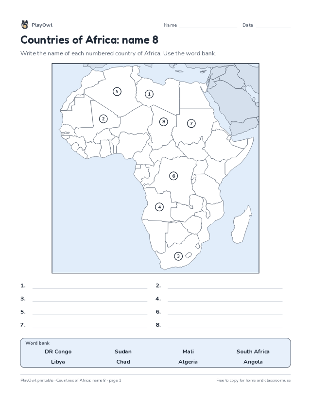 Countries of Africa: name 8: map worksheet for Grade 9, page 1 preview