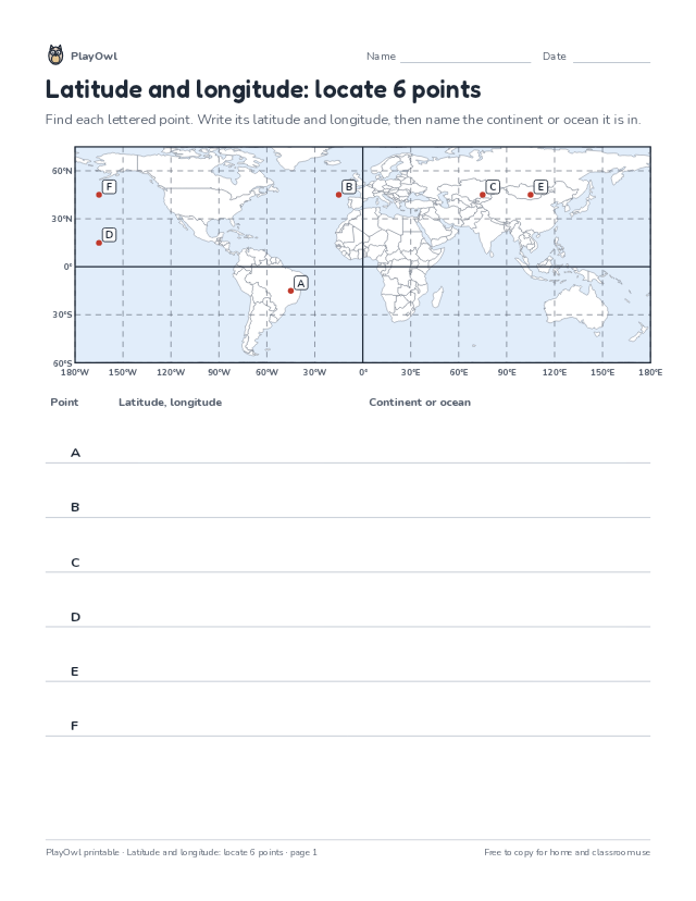 Latitude and longitude: locate 6 points: map worksheet for Grades 9–12, page 1 preview