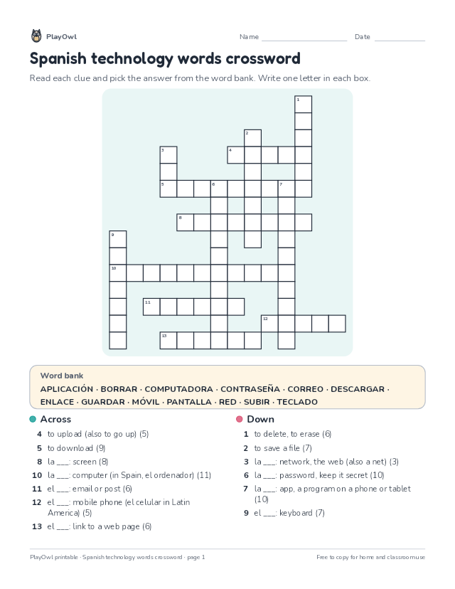 Spanish technology words crossword: crossword puzzle for Grade 9, page 1 preview