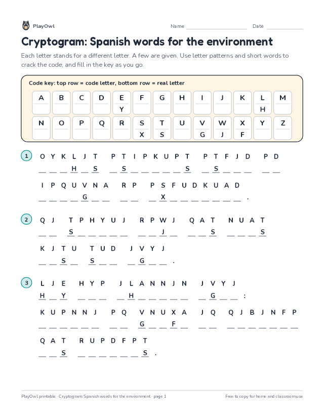 Cryptogram: Spanish words for the environment: secret code puzzle for Grade 9, page 1 preview