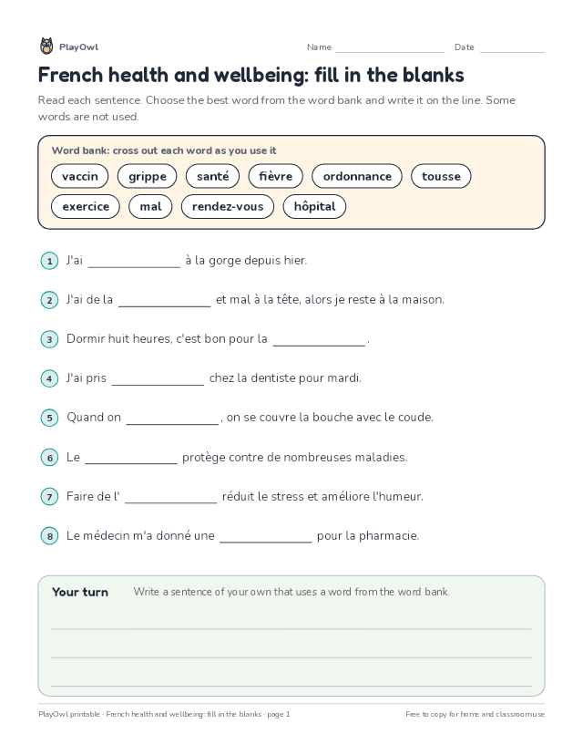French health and wellbeing: fill in the blanks: fill-in-the-blank worksheet for Grade 9, page 1 preview