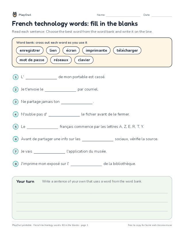 French technology words: fill in the blanks: fill-in-the-blank worksheet for Grades 9–12, page 1 preview