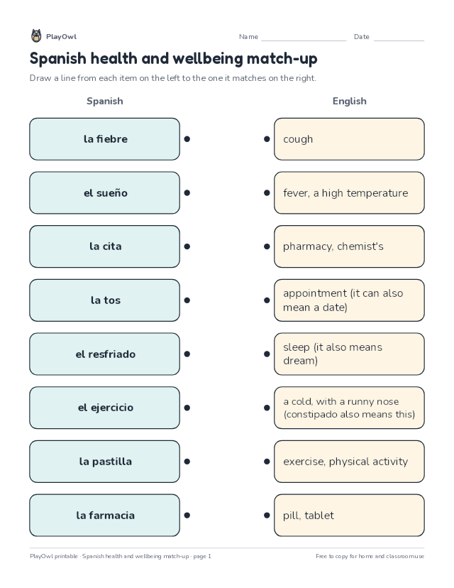 Spanish health and wellbeing match-up: matching worksheet for Grade 9, page 1 preview